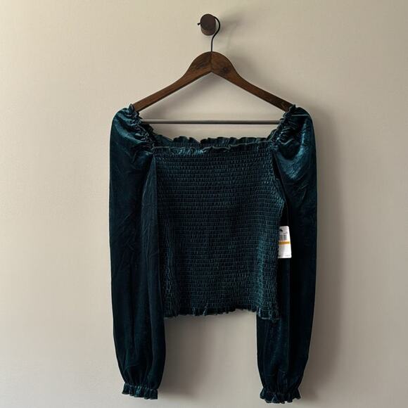 NWT LAUNDRY BY SHELLI SEGAL SMOCKED LONG SLEEVE SQUARE NECK TOP SZ SMALL EMERALD - Picture 1 of 6